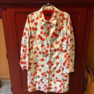 Lands End - Floral Trench Coat - Cream with Red/Orange Flowers - Size M (10/12)